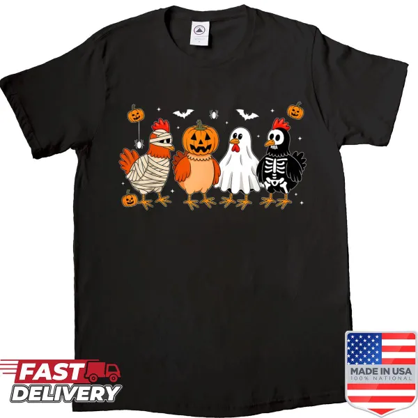 Halloween-themed shirt featuring a mummy chicken skeleton and pumpkin