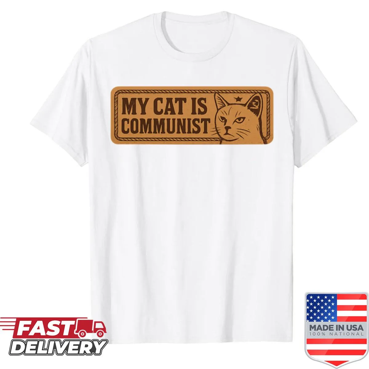 Vintage-style shirt with humorous graphic stating 'My Cat Is Communist'