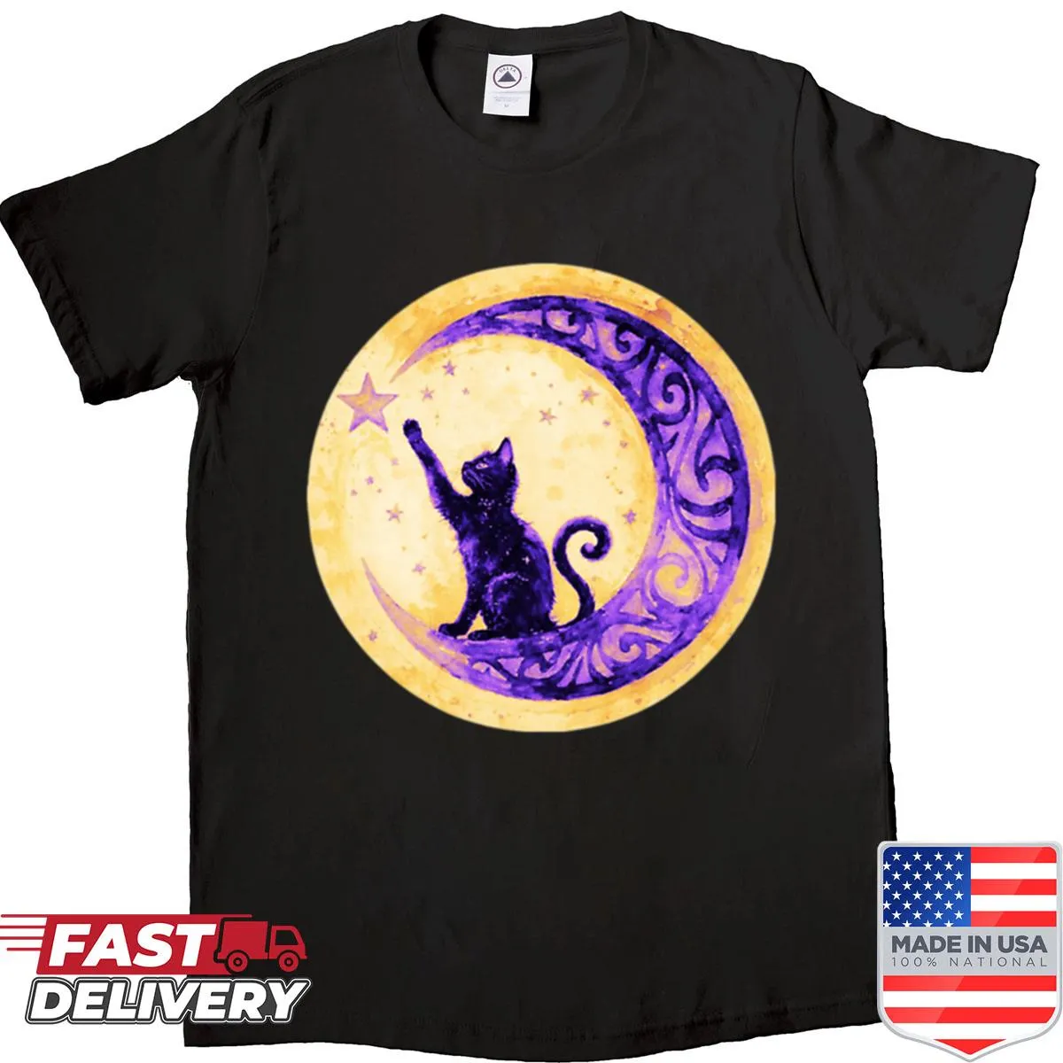 Whimsical shirt featuring a black cat reaching for stars
