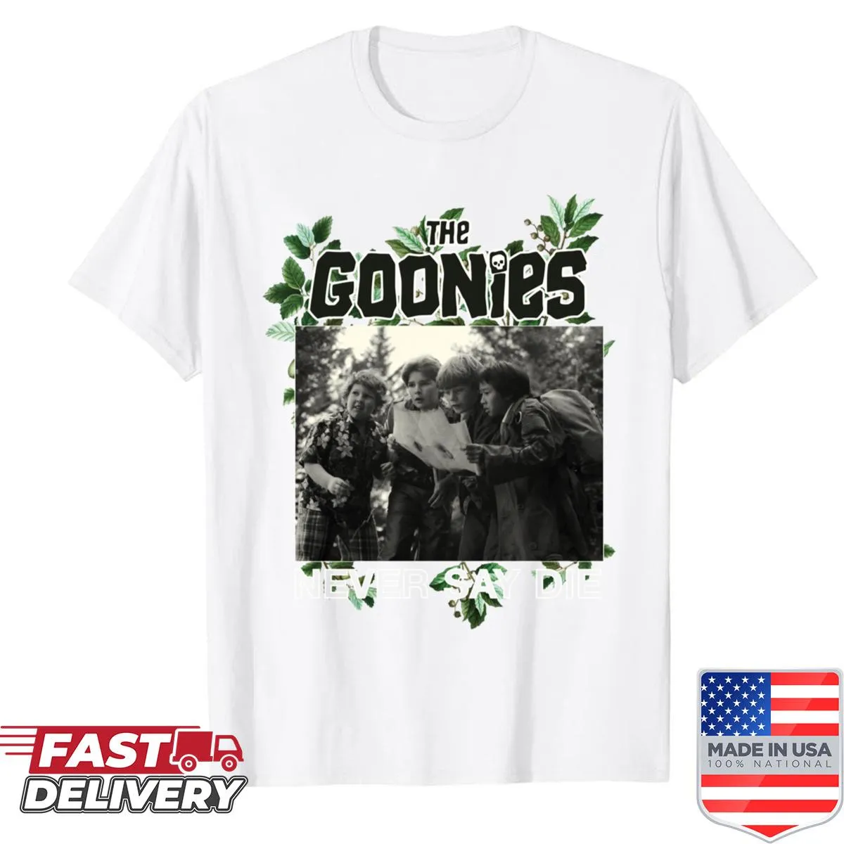 Retro movie-inspired shirt with iconic imagery and leaves