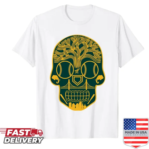 Sugar skull themed Oakland shirt celebrating Día de los Muertos