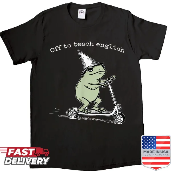 Illustrated frog on a scooter with 'Off To Teach English' text shirt