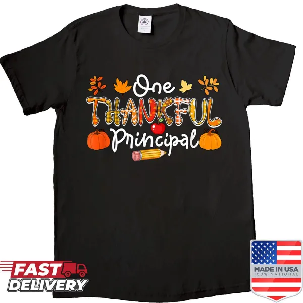 Thankful principal shirt with text celebrating education and Thanksgiving.