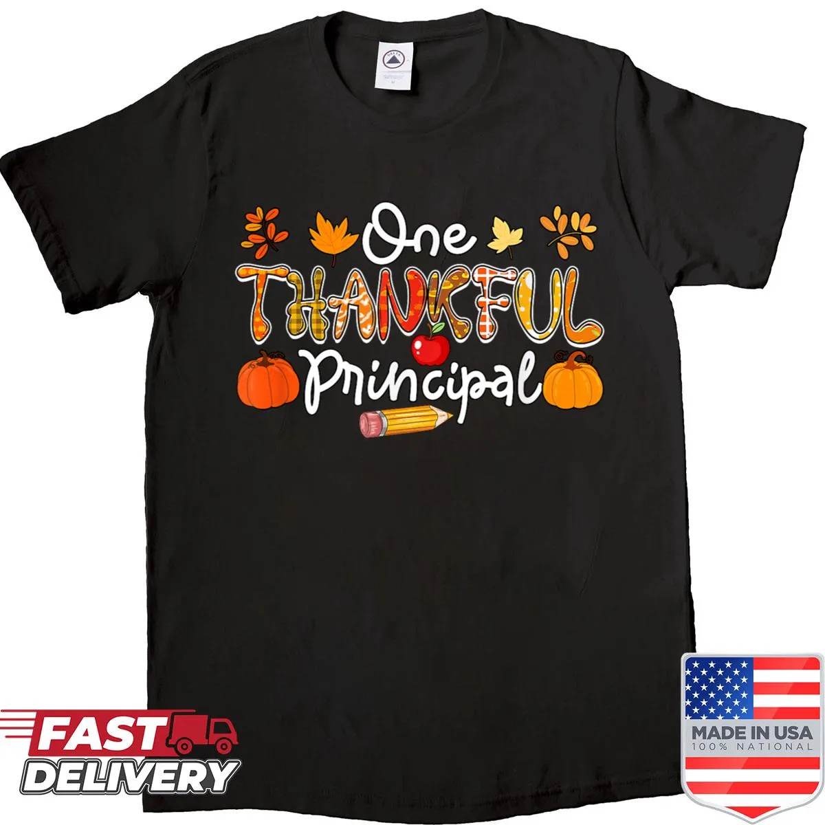 Thankful principal shirt with text celebrating education and Thanksgiving.