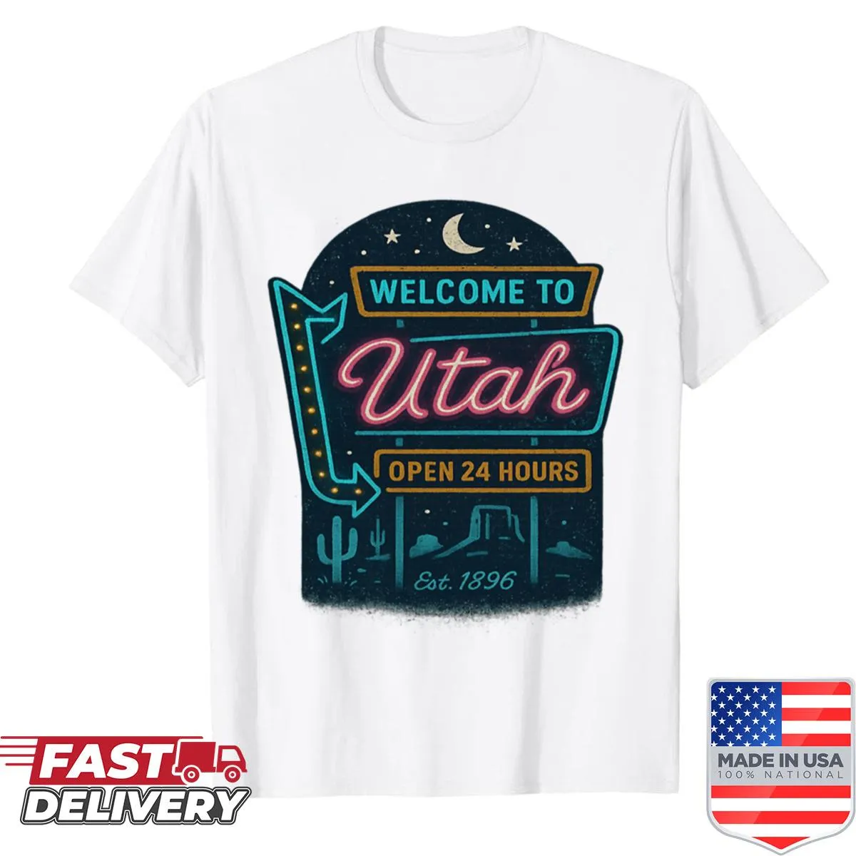 Scenic Utah landscape illustration on a casual t-shirt.