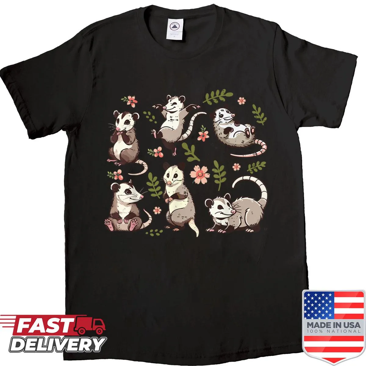 Cute opossum illustration surrounded by flowers on a shirt.