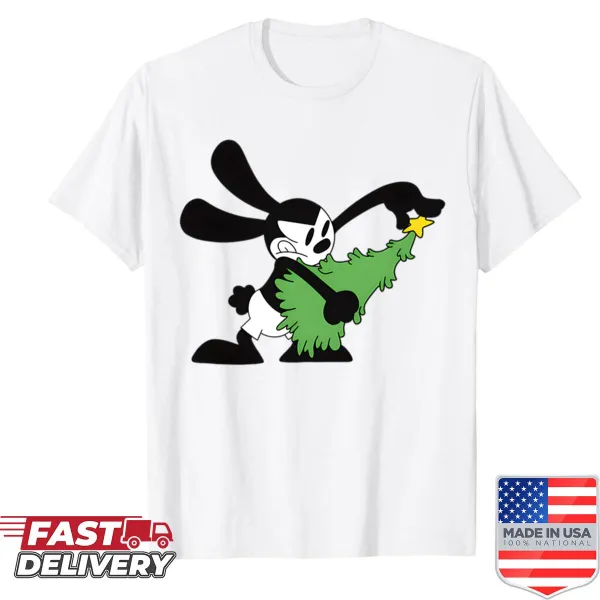 Vintage cartoon illustration of Oswald on a Christmas t-shirt