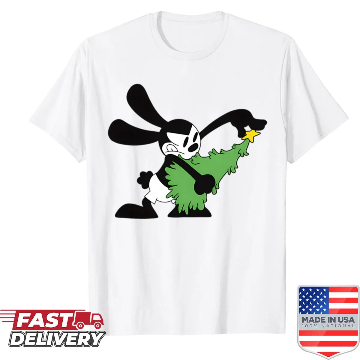 Vintage cartoon illustration of Oswald on a Christmas t-shirt