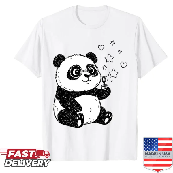 Cartoon panda blowing bubbles on a shirt.