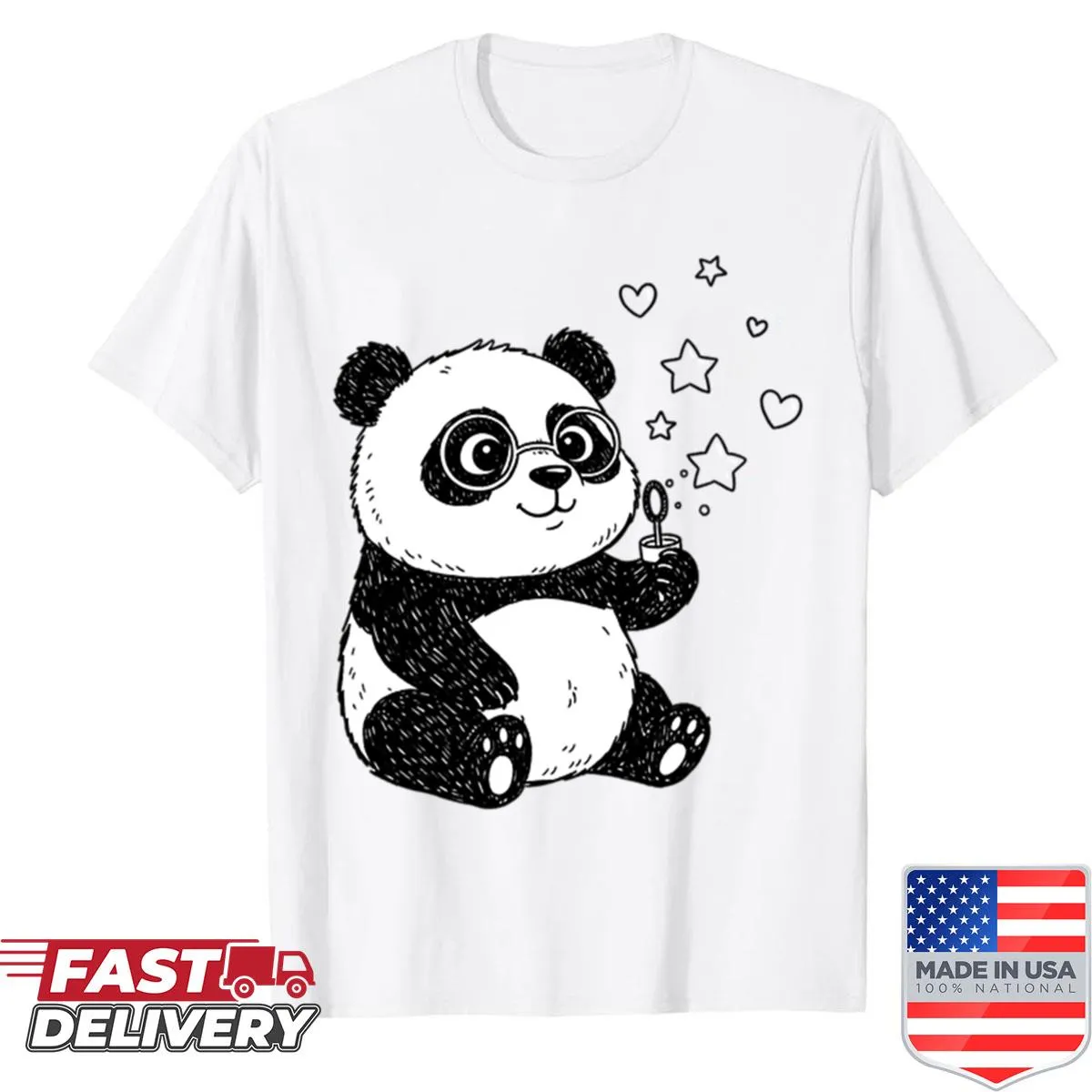 Cartoon panda blowing bubbles on a shirt.