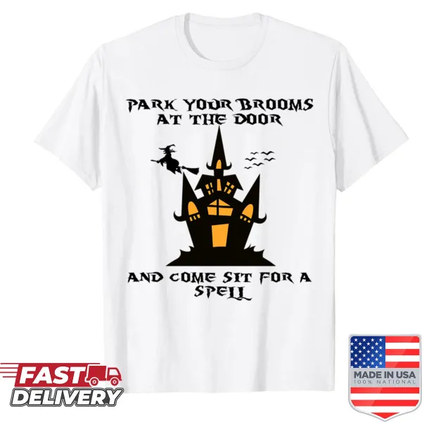 Whimsical black shirt with broom parking and spell text illustration