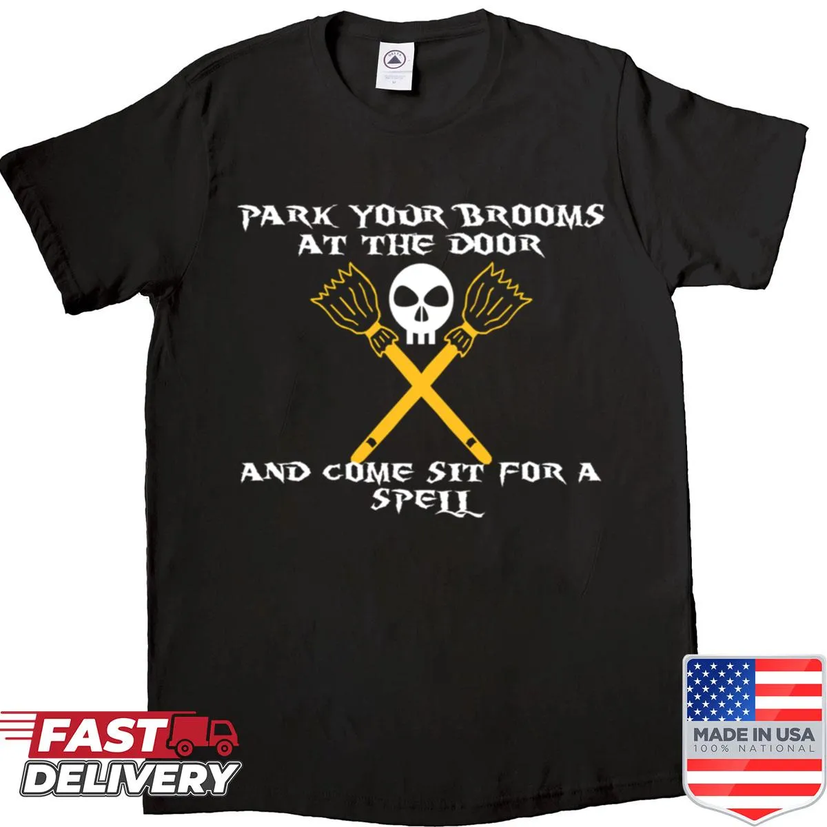 Whimsical shirt featuring white brooms and playful phrase
