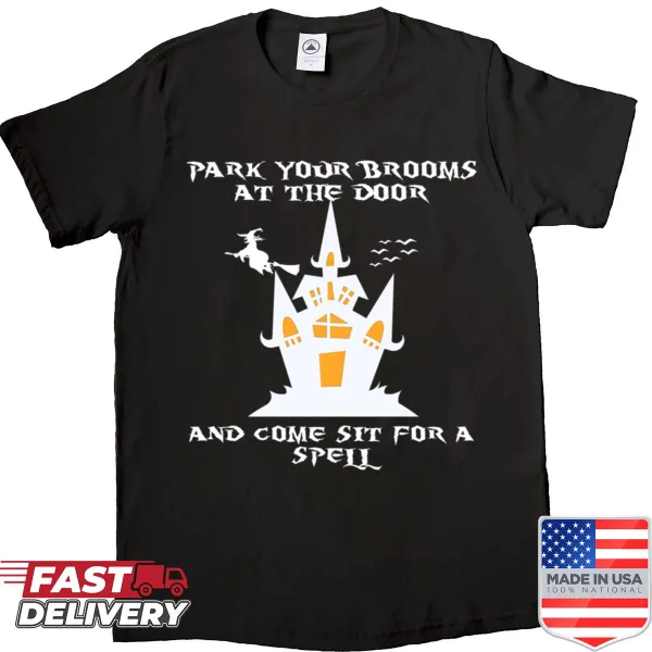 Whimsical shirt featuring playful text about witches and spells