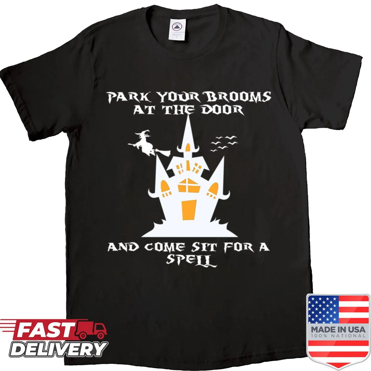 Whimsical shirt featuring playful text about witches and spells