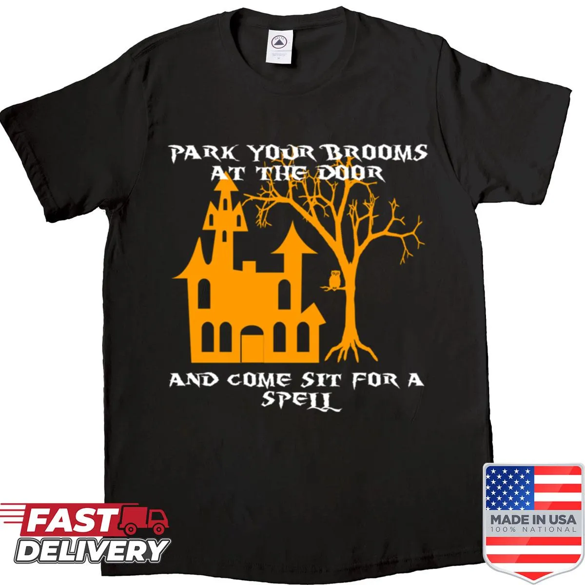 Playful shirt with whimsical white houses and broom theme