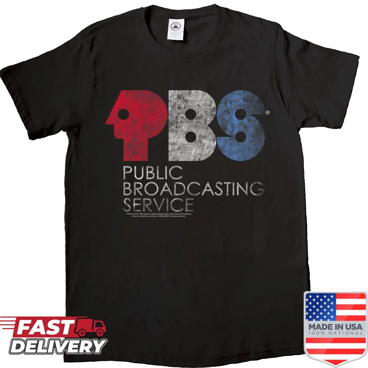 Distressed PBS logo shirt in red, white, and blue colors