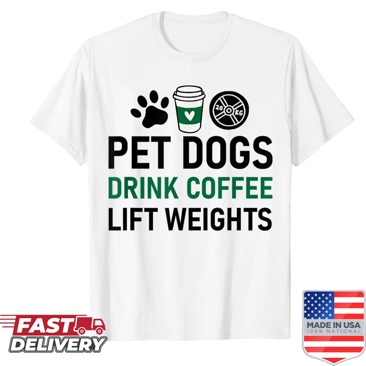 Funny gym shirt with cartoon dogs lifting weights and drinking coffee