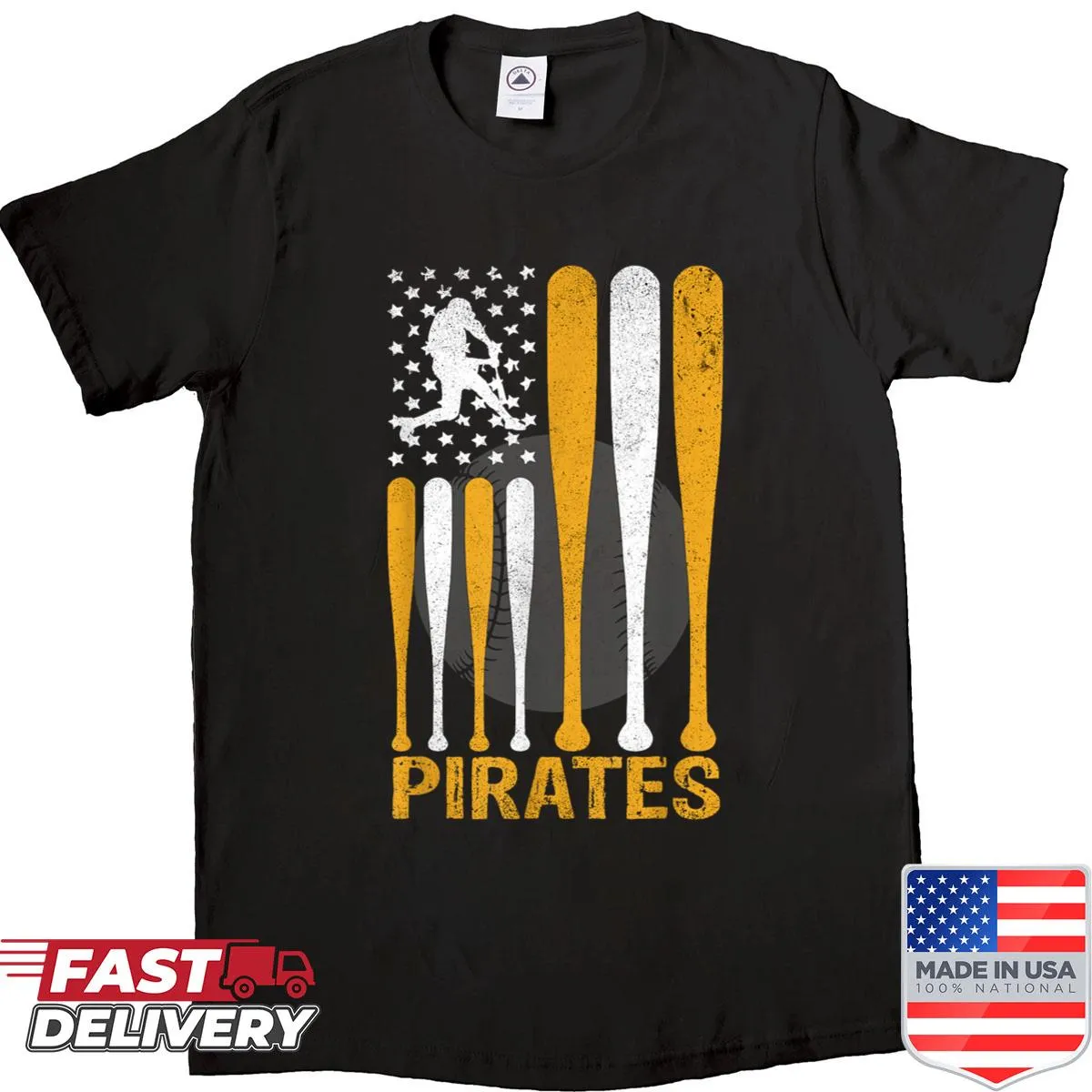 Pirates-themed baseball fan graphic on a casual shirt