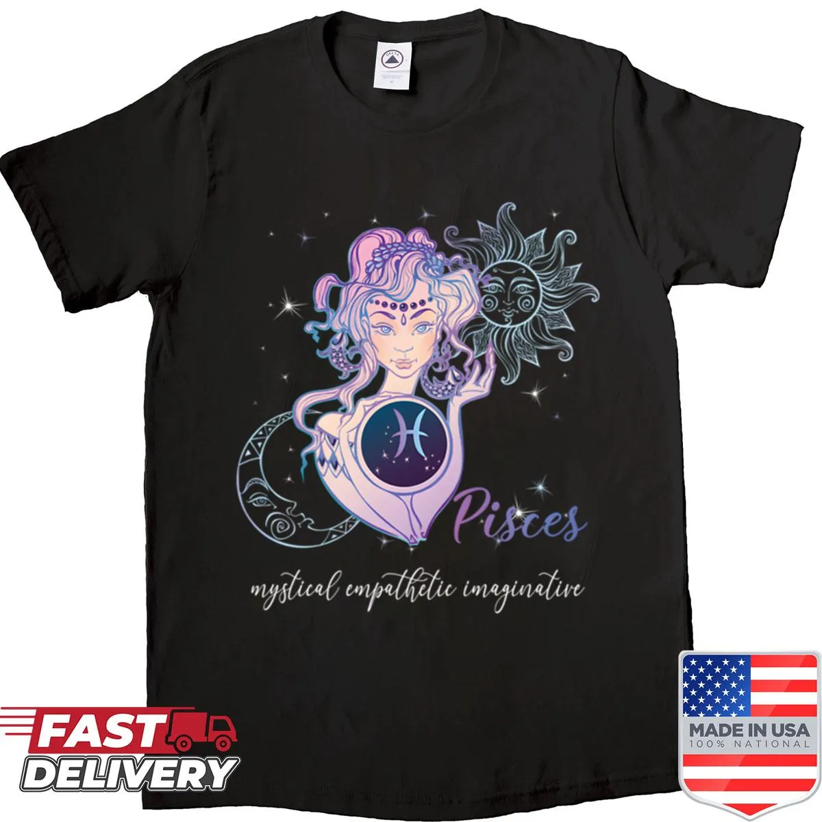 Pisces symbol design on astrology-themed shirt