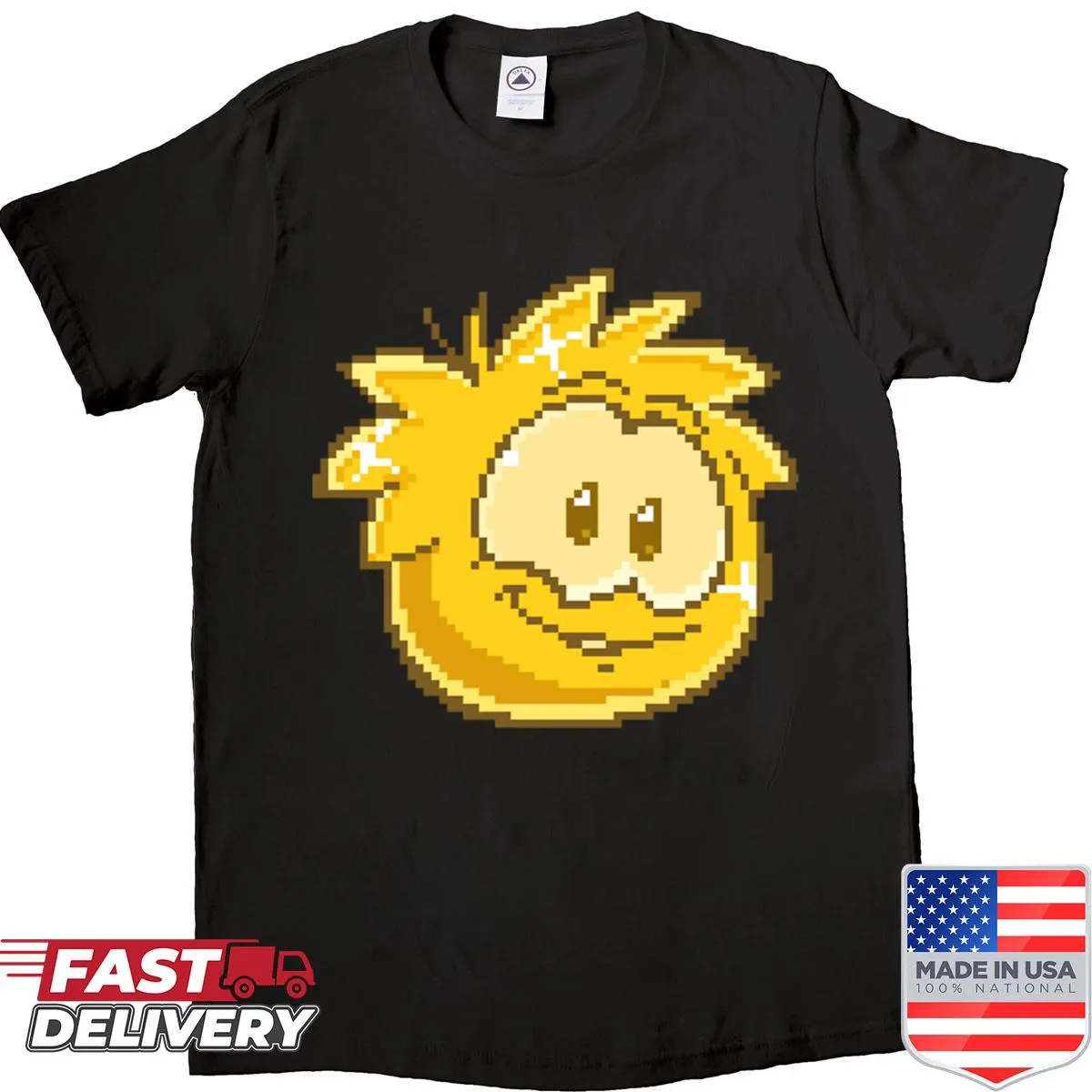 Cartoon-style T-shirt featuring a pixel art gold puffle