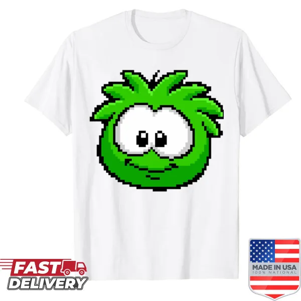 Pixel art green puffle shirt with playful cartoon design