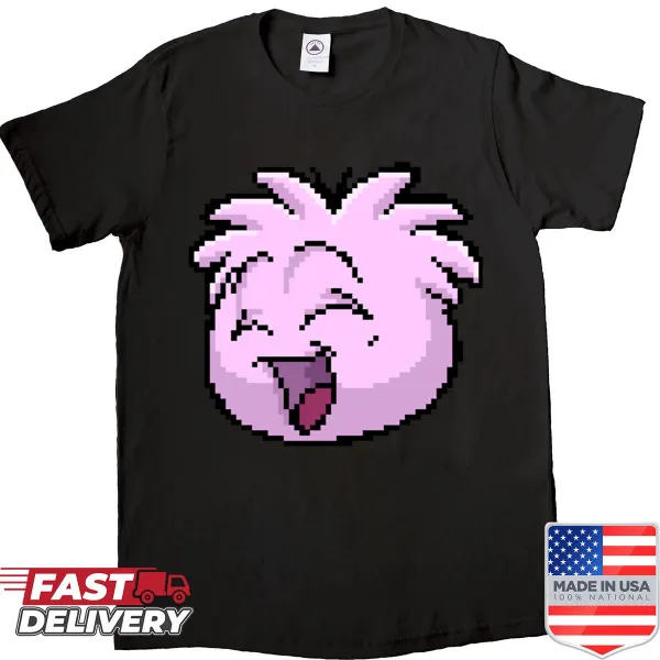 Pixel art pink puffle graphic on a t-shirt