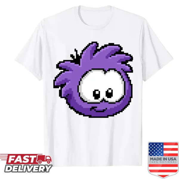 Retro pixel art t-shirt featuring a purple puffle character
