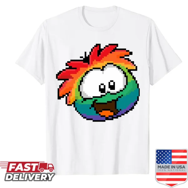 Shirt with pixel art rainbow puffle design
