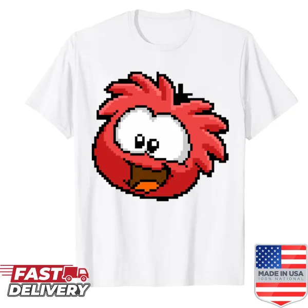 Pixel art design of a red puffle on a playful gaming shirt