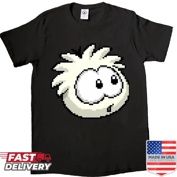 Pixel art white puffle graphic on a t-shirt