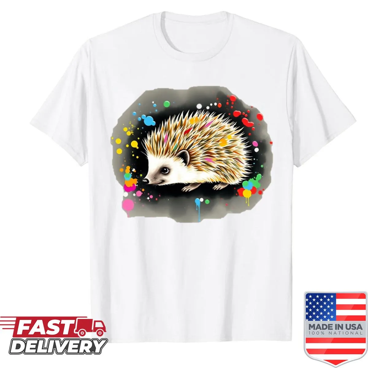Hedgehog art print t-shirt with colorful splashes