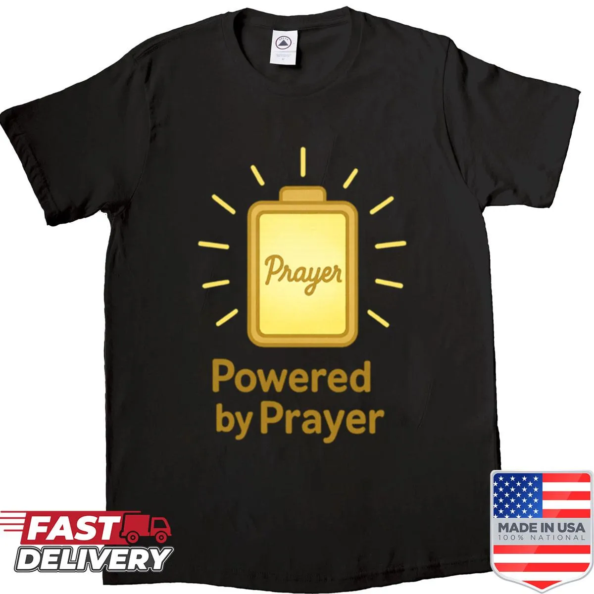 Inspirational T-shirt with 'Powered By Prayer' graphic