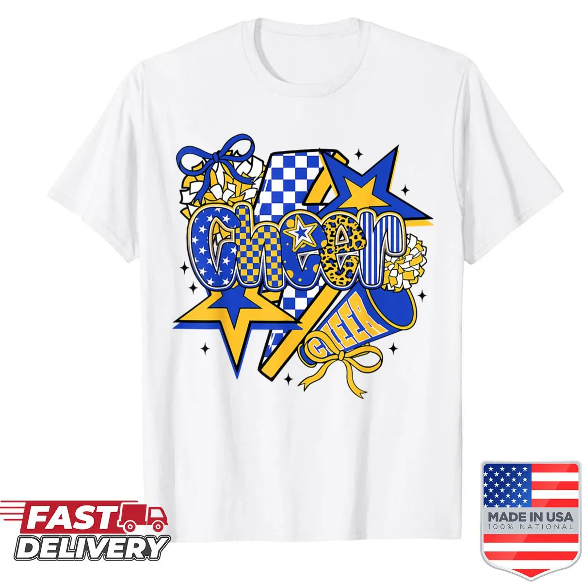 Cheer mom shirt with blue and gold typography