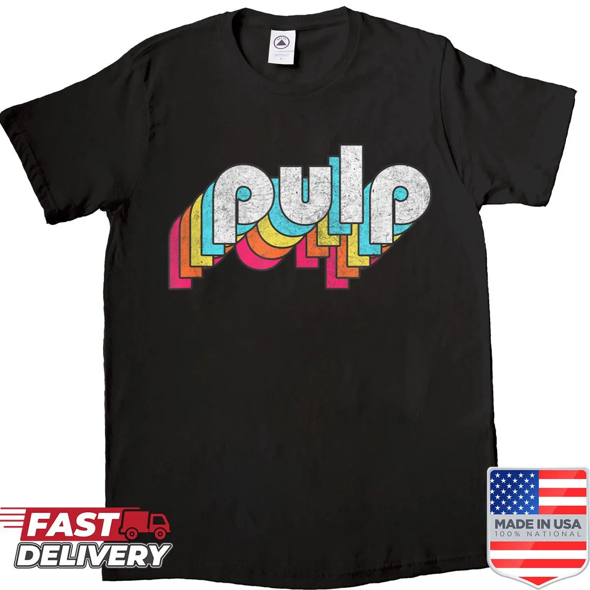 Vintage-style shirt featuring retro Pulp band text