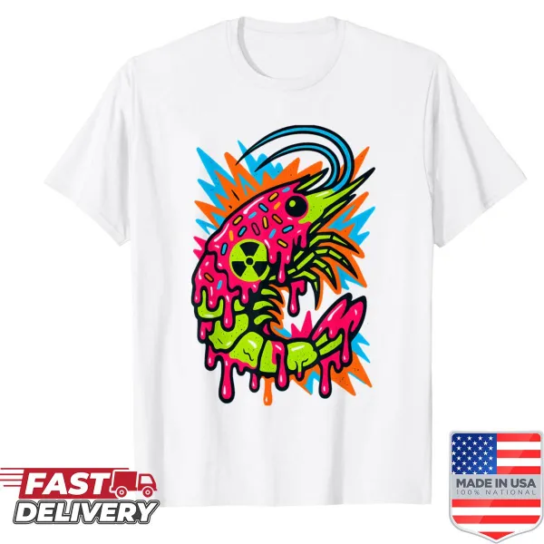 Edgy radioactive shrimp graphic shirt with vintage vaporwave style
