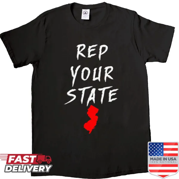 New Jersey outline with bold text on Rep Your State shirt