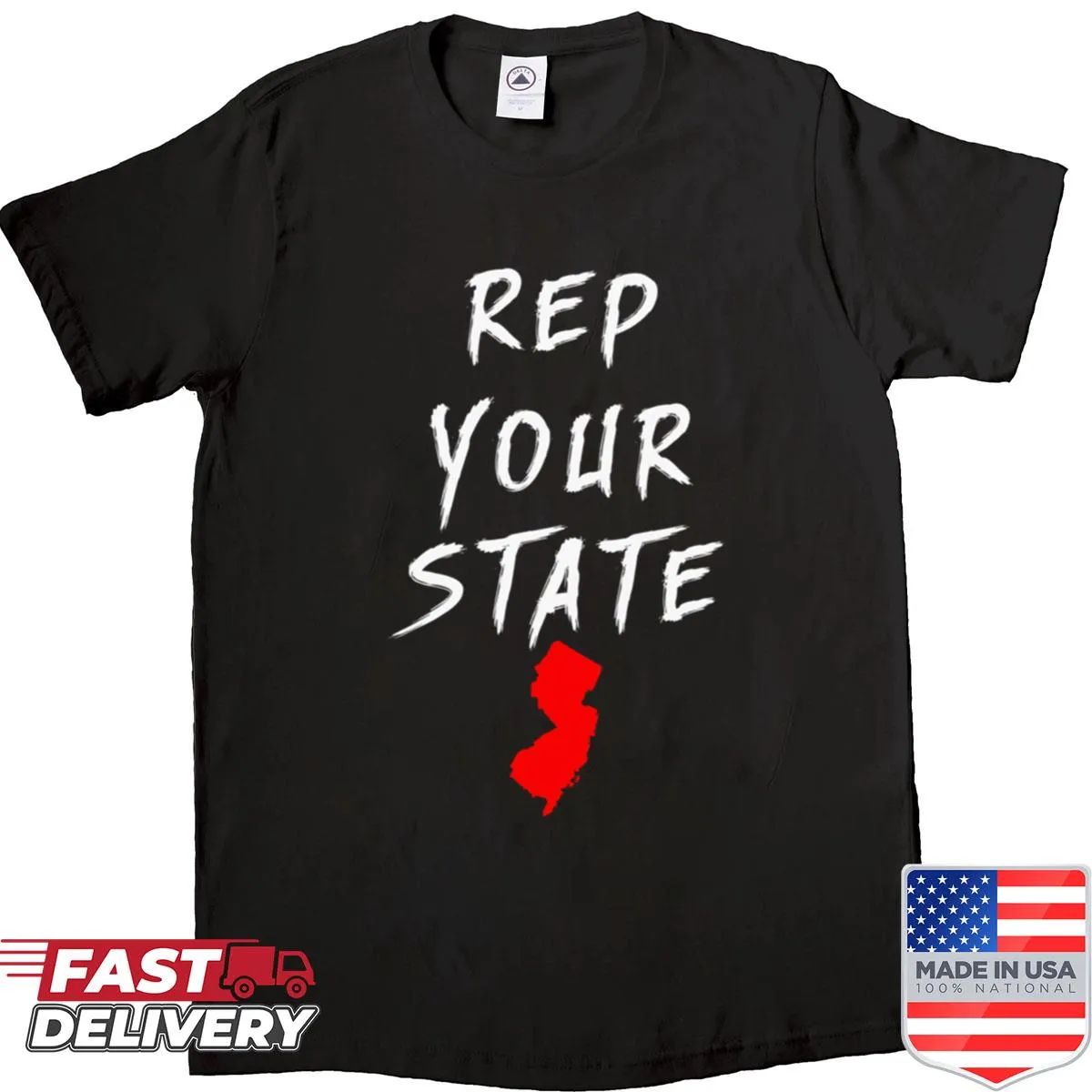 New Jersey outline with bold text on Rep Your State shirt