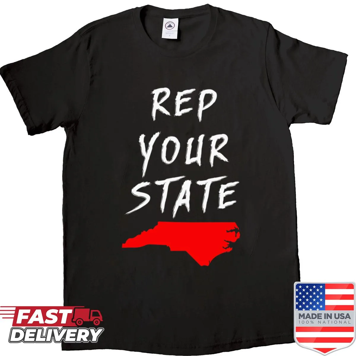 North Carolina state outline with bold text on Rep Your State shirt