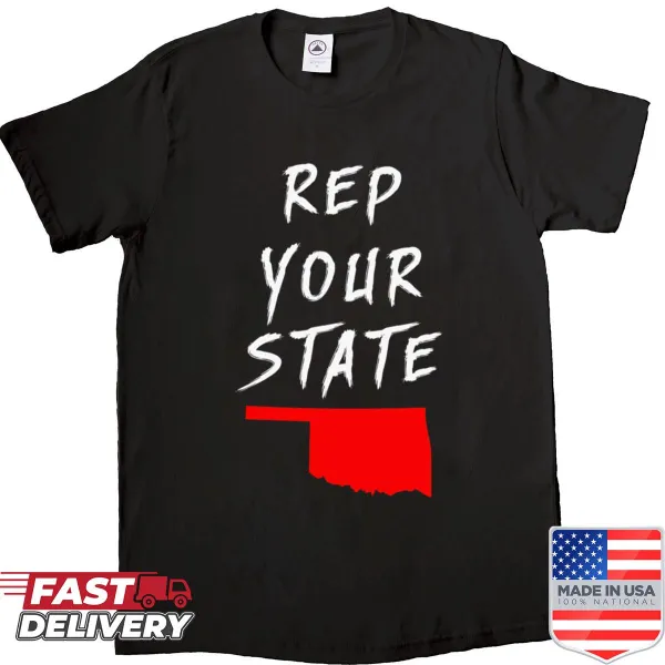 Oklahoma outline with 'Rep Your State' text on t-shirt