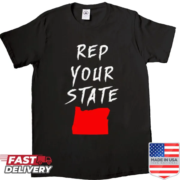 T-shirt featuring text 'Rep Your State' with Oregon design