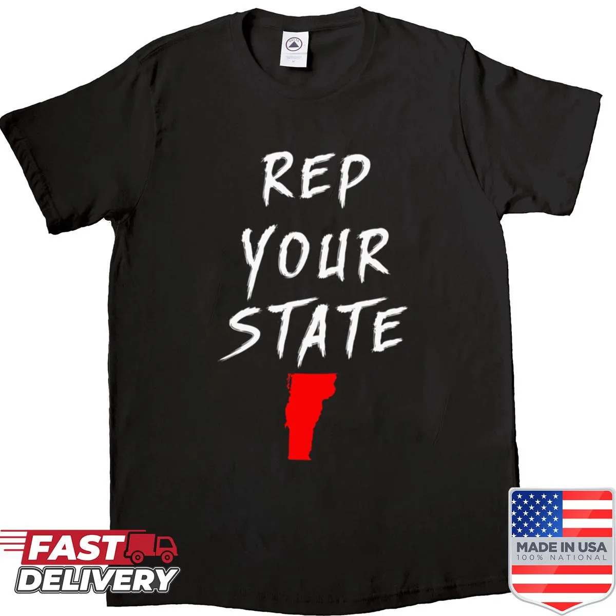 Vermont state outline with bold text on Rep Your State shirt