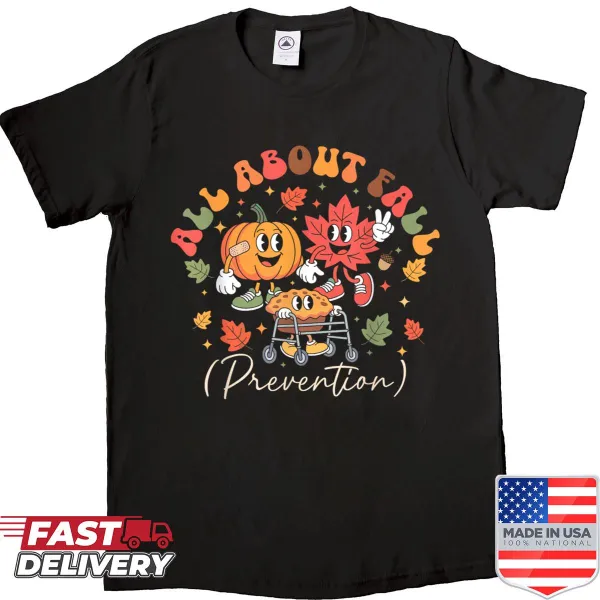 Retro 'All About Fall Prevention' t-shirt for physical therapy professionals