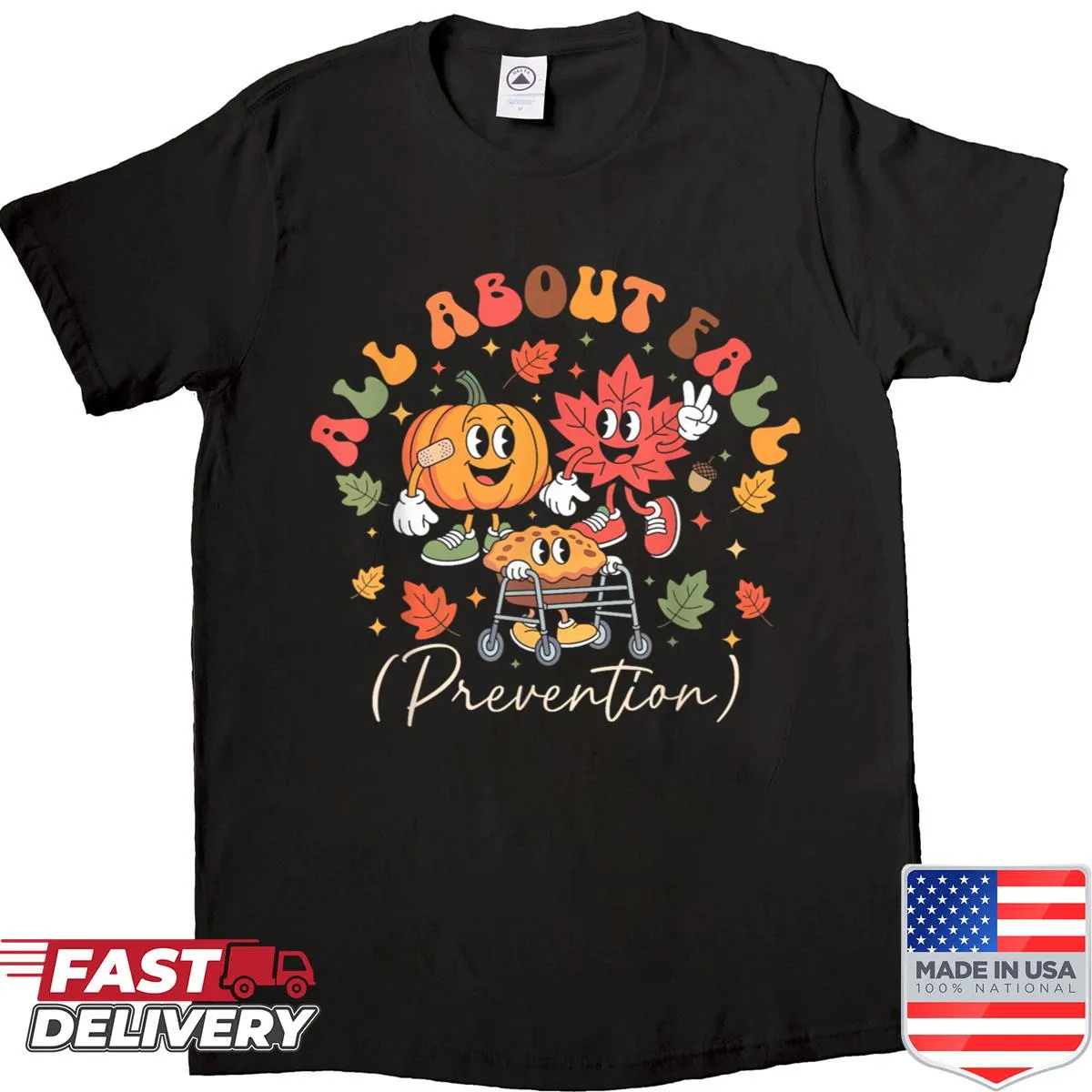 Retro 'All About Fall Prevention' t-shirt for physical therapy professionals