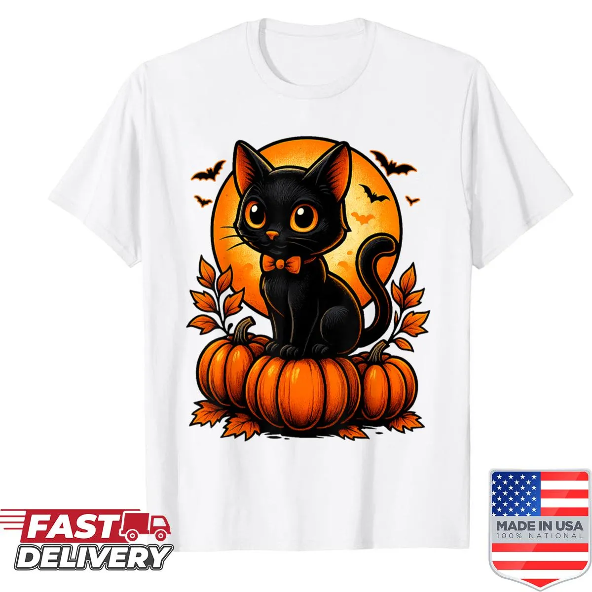 Halloween shirt with a retro black cat and pumpkin design