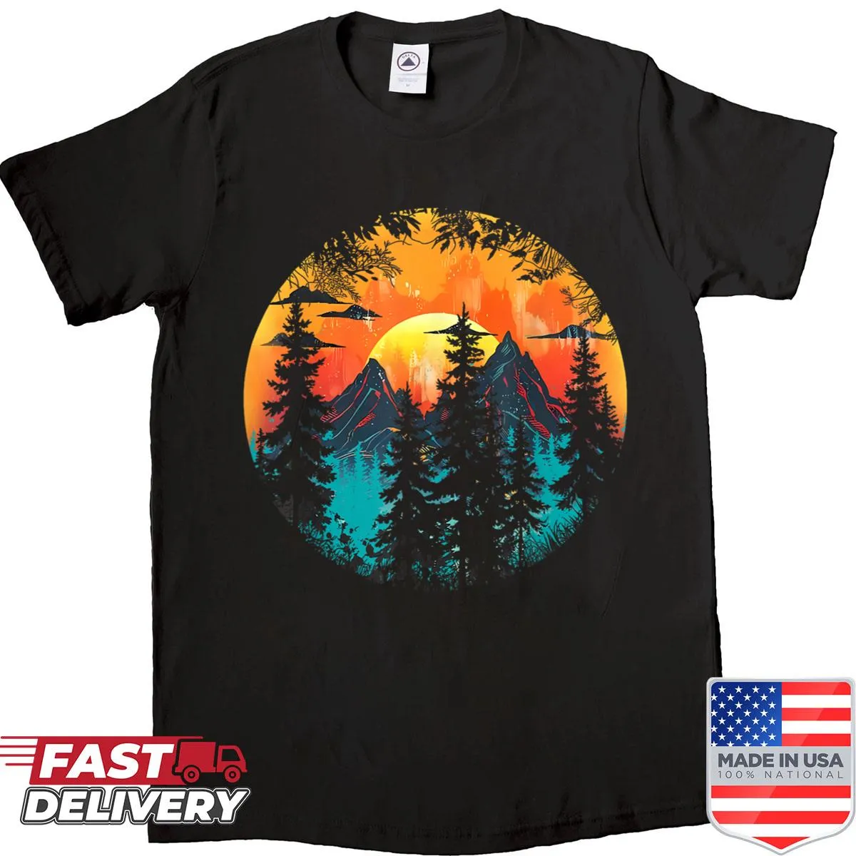 Vintage nature lover t-shirt with forest and mountain graphic