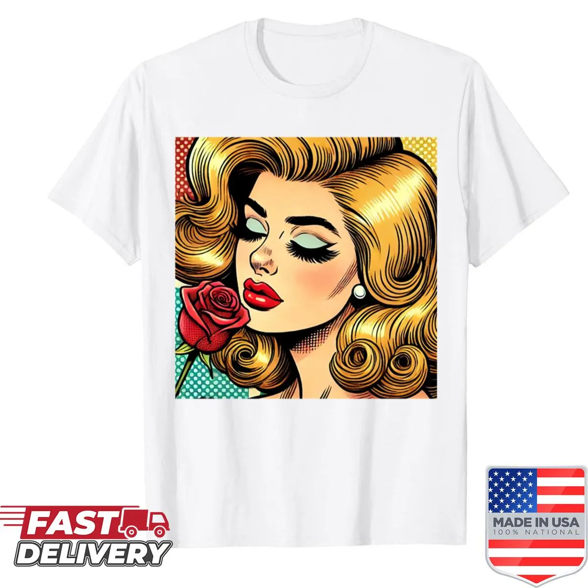 Pop art pin-up shirt with a glamorous figure smelling a rose