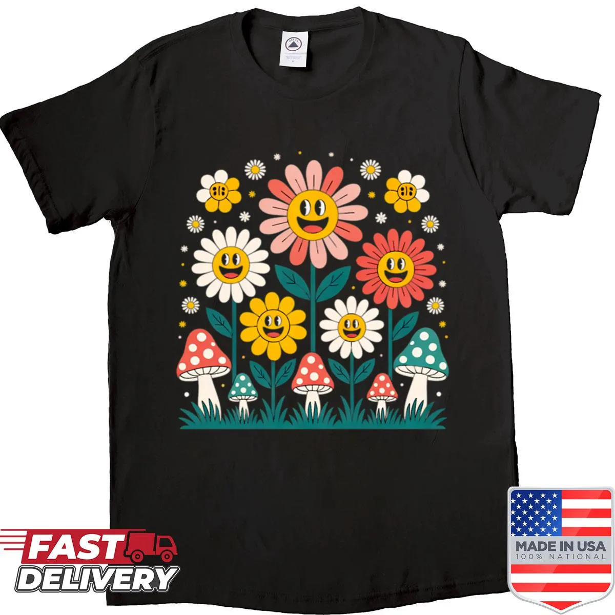 Retro flower and mushroom graphic T-shirt