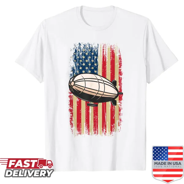 Retro zeppelin and American flag design on a vintage shirt