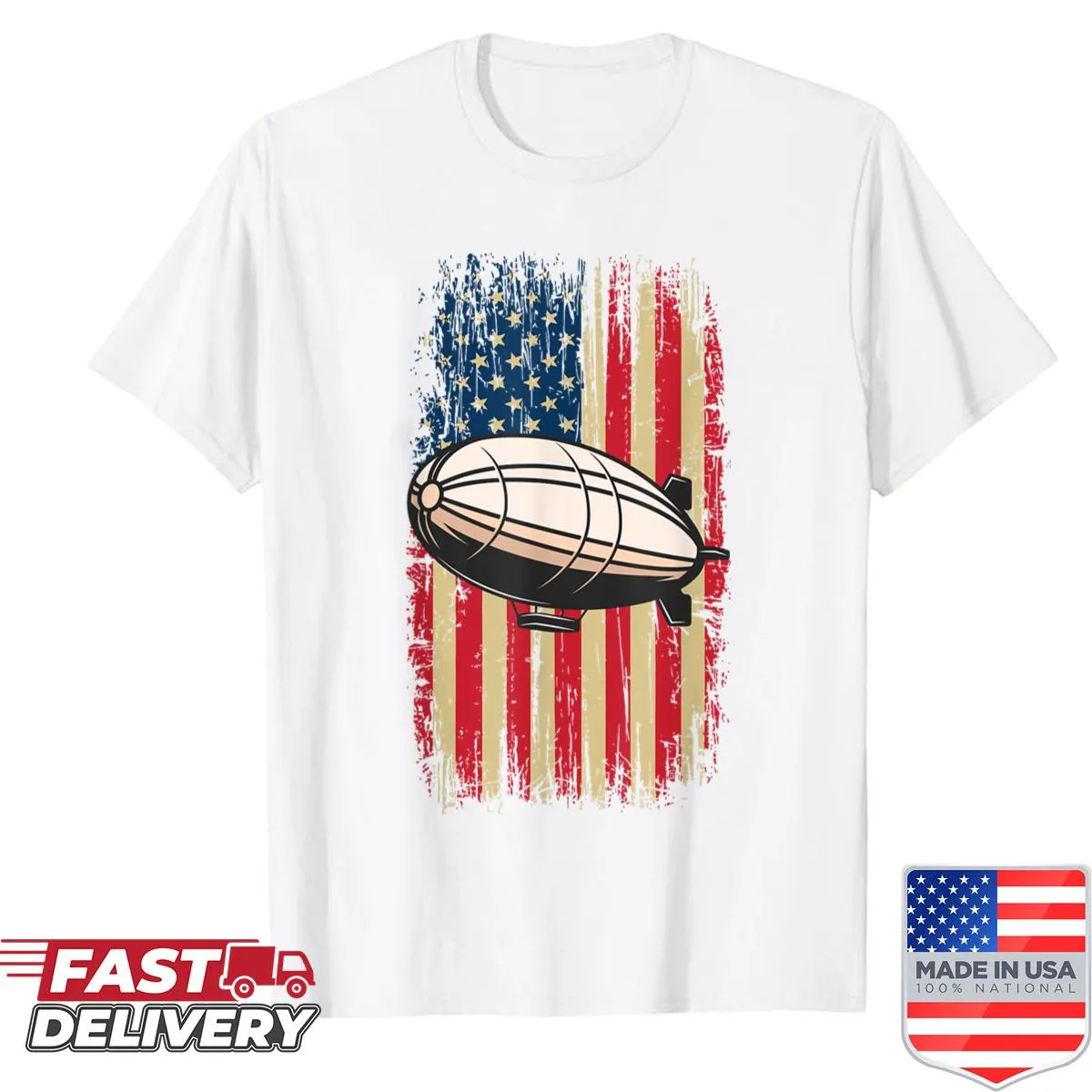 Retro zeppelin and American flag design on a vintage shirt