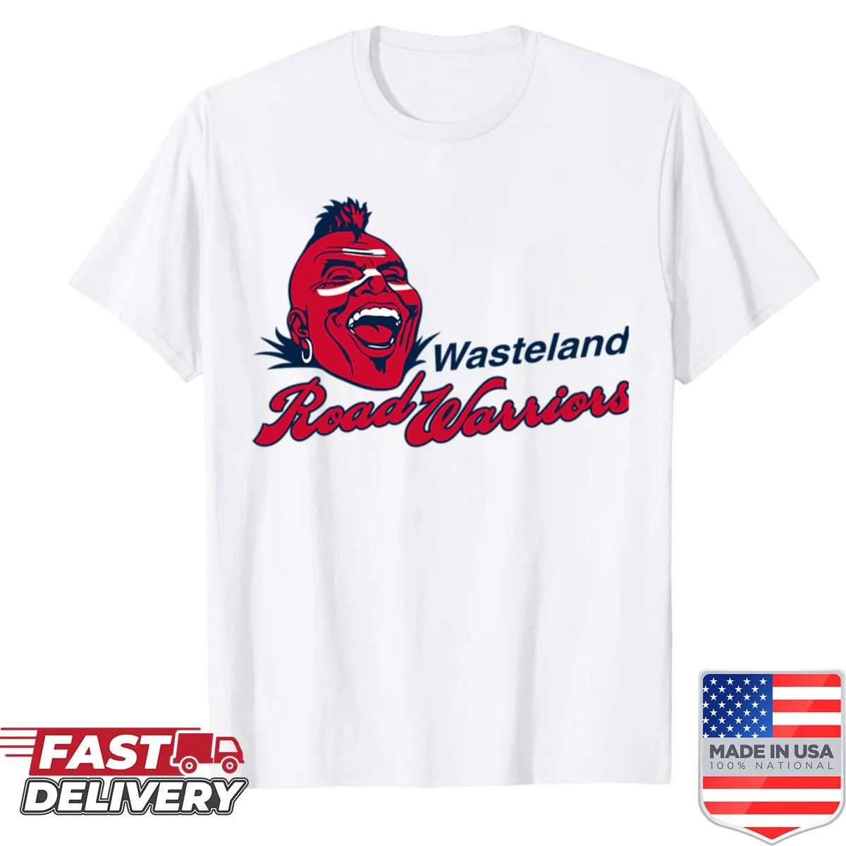 Graphic of road warriors emblem on a shirt.